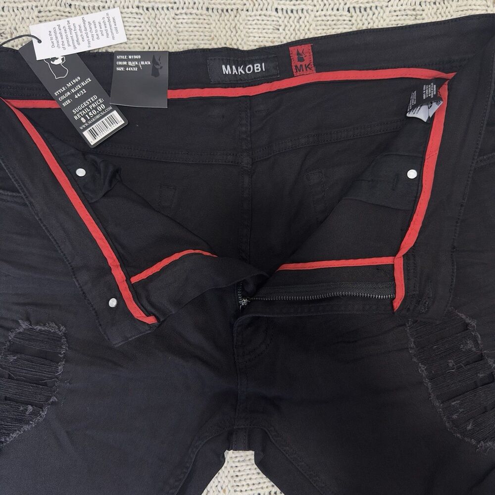 Makobi Men’s Jeans 44x32 Black Distressed Ripped Stretch Slim Fit NWT M1969 - Picture 3 of 11
